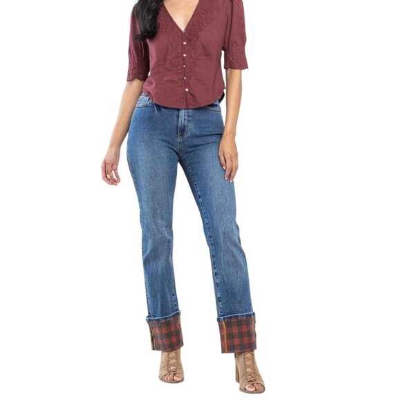 NWT Judy Blue Plaid Cuffed High Rise Straight Leg Medium Wash Size 0/24 JB88707 - Picture 1 of 3